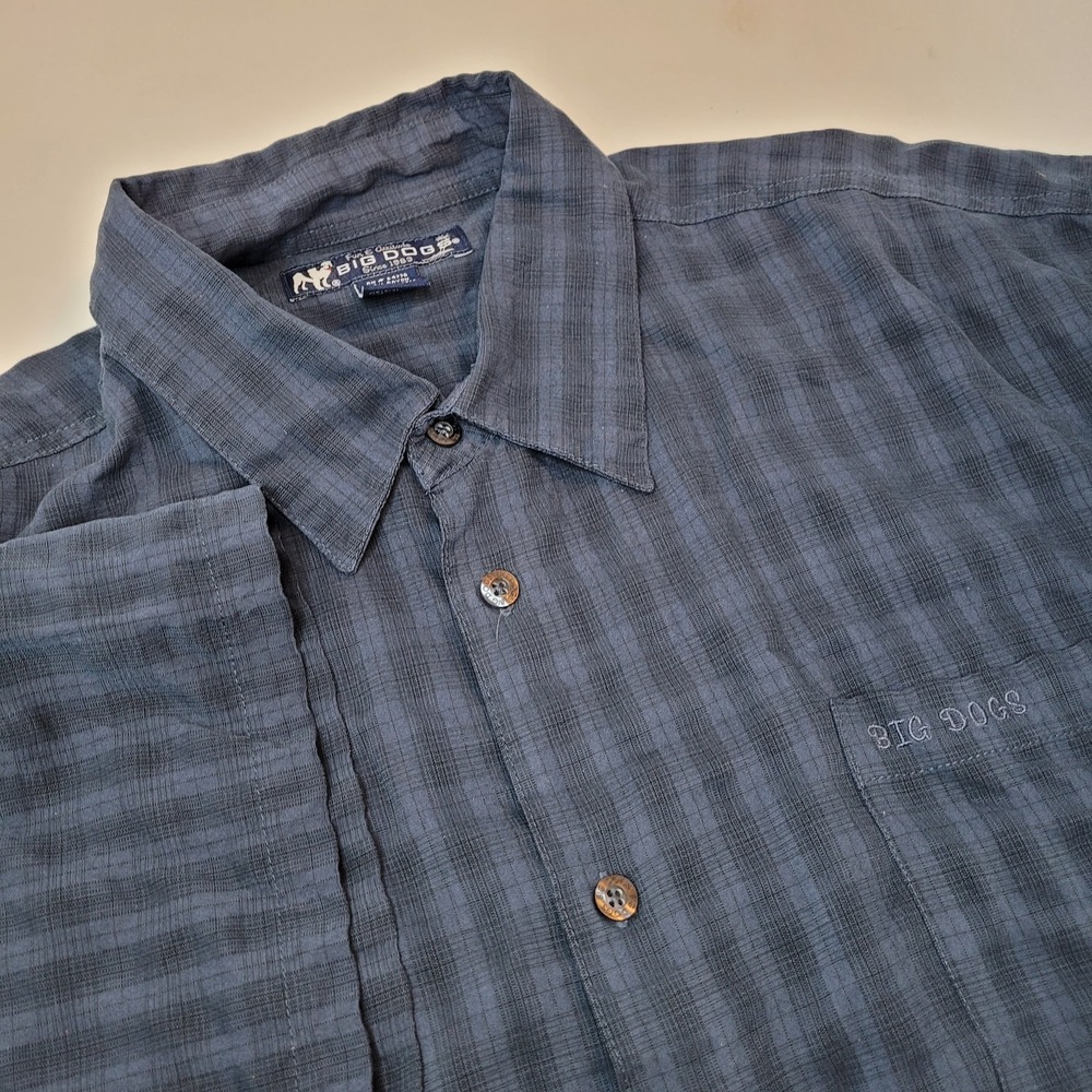 Big Dogs Button Down Shirt Mens XL Blue Excellent Textured Short Sleeve Rayon